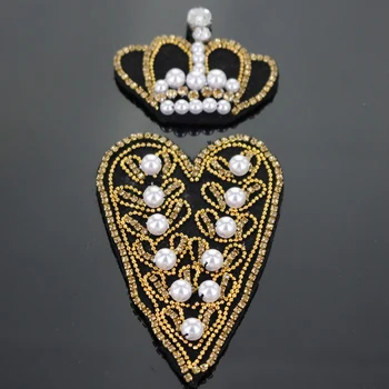 Royal Beaded Diamant Krone Badges Pearl Krystal Hjerte Patch Sy på Applikation for Sko, Tasker, Huer Indrettet B63