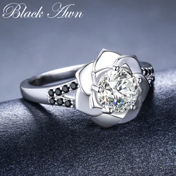 2020 Ny Blomst Romantisk 925 Sterling Sølv Fine Smykker Engagement Sort Spinel Engagement Ring for Kvinder Anillos Mujer GG073