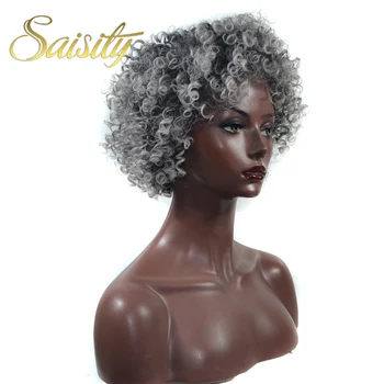 Saisity Høj Temperatur Syntetisk Sort Grå Afro Parykker Kinky Curly Korte Kvinder Syntetisk Naturlige Kvindelige Parykker Gennemsnitlige Størrelse