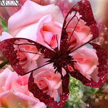 Diy Diamant Broderi Pink Butterfly Flower Diamond Maleri korssting Fuld Square & Round Bor Billede Af Rhinestone Udsmykning