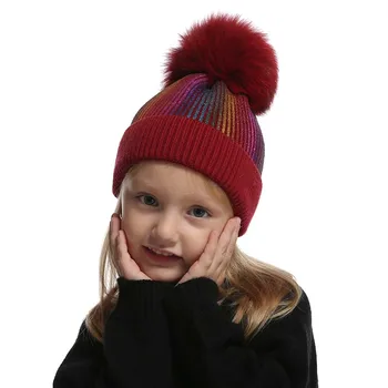 Baby Pige dreng Vinter Fox Fur Pompom Hat Til Børn Cashmere Uld Strikket Beanie Farver, Print Skullies Cap