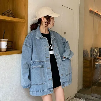 Denim Jakker Kvinder Foråret Ins Vintage Oversize Harajuku Alle-match Femme Outwear Street Style Enkel, Stor Lomme Piger Jakke Ny