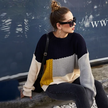 Mode Patchwork Farve Jumper Sweater Kvinder Casual O Hals Efterår Og Vinter Strikkede Pullovers Sweater Toppe For Kvinder 2020 Ny