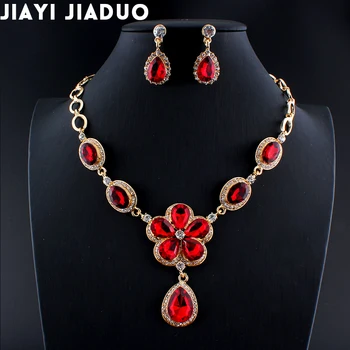 Jiayijiaduo Bryllup smykker sæt til kvinder Rød blå halskæde øreringe Guld sæt farve kæde part tilbehør gave