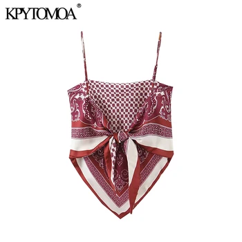 KPYTOMOA Kvinder 2020 Sexet Mode Trykt Backless Bow Tie Camis Tank Vintage Spaghetti Strop Sommeren Kvindelige Skjorter Smarte Toppe