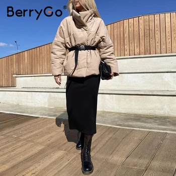 BerryGo Varm vinter frakke jakke kvinder parka Casual vinger nyt design med lomme overfrakke Stå krave khaki kort frakke kvinder