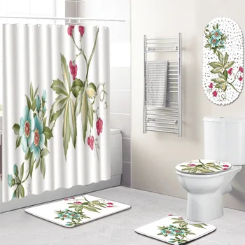 Blomster Vandtæt badeforhæng 3D Tæppe, Badeværelse Anti Slip Mat bademåtte Toilet Tæppe Sæt til Indretning Tæppe Dørmåtte Soveværelse