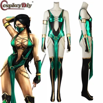 Cosplaydiy Mortal Kombat X Jade Cosplay Halloween Kostumer til Kvinder, Sexet Spandex Jumpsuit Cosplay Jade Kostume Maske Custom Made