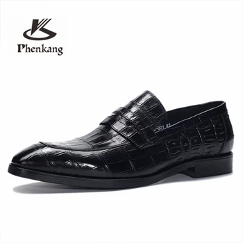 Mænd læder sko business kjole, der passer sko mænd brand Bullock ægte læder sort slipon bryllup herre sko Phenkang 2020