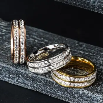 To Træk Klar Krystal Ringe, Guld Farve Rustfrit Stål Rund Bane Finger Ringe til Kvinder Engagement Bryllup Luksus Smykker Gave