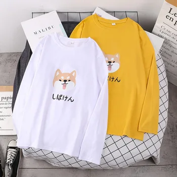 Kvinder langærmet tshirt sjove tegneserie hund bomuld efteråret hjem løs undertøj t-shirts korea stil plus størrelsen 9XL 10XL oversize toppe