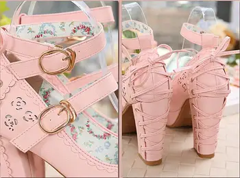 Anime cosplay lolita sko søde prinsesse daglige vintage blonder sløjfeknude bandage kawaii sko runde hoved høj hæl kvinder sko loli