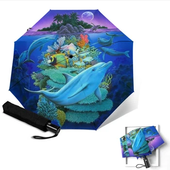Kreative Personlighed Dolphin Mønster Paraply Tre Folde Automatisk Regn Parapluie Kreative Dejlige Søde Barn Gave Paraplyer