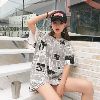 Sommeren Kvinder kortærmet T-shirt High Street Lang Skjorte i Stor Størrelse t-Shirts Mode Kreative 3D-Avis Print Harajuku Toppe