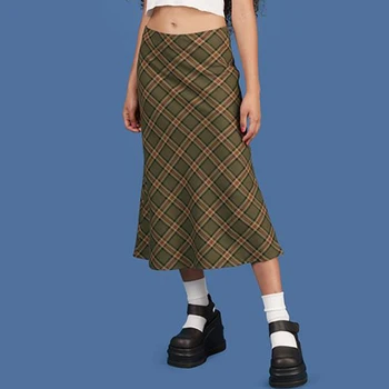 Plaid Midi-Nederdel Elastisk Bomuld Flerfarvet Høj Talje Mid-Længde Blusset Hem Molly Nederdel For Kvinder School-Pige, e-pige /