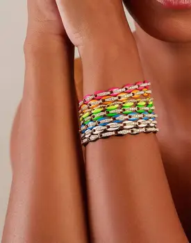 Top Kvalitet Trendy Kvinder, Dame, Smykker, Guld Farve Fluorescerende 7 Neon Emalje Rainbow Perle Kæde Armbånd