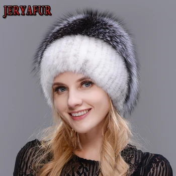 JERYAFUR russiske fox hat damer vinter varm pels hat naturlige mink pels strikkede hat kvindelige edama flettet fox fur