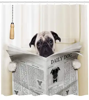 Pug badeforhæng Hvalp at Læse Avisen på Toilet Badeværelse Sjove Billede Pug Joke Print Badeværelse Indretning Sæt