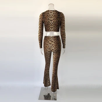 Kvinder Sexy Leopard To Delt Sæt Populære Rund Hals Lange Ærmer Toppe Høj Talje Flare Pants Nye Desgin Kvindelige Hot Matchende Kulør