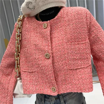Pink Kendte Temperament Tweed Frakke Kvinder Falder 2020 Ny Løs Og Alsidig Udenlandske Stil Jakke