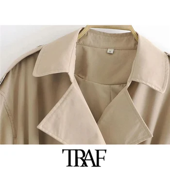 TRAF Kvinder Mode Med Bælte Dobbelt Breasted Trench Coat Vintage Lange Ærmer, Lommer Kvindelige Overtøj Smarte Frakke