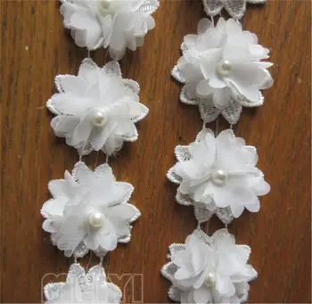 50x Hvide Blomster Chiffon Pearl Broderede Blonder Trim Bånd Stof Håndlavet DIY Syning Håndværk Til Kostume Hat Sko Dekoration