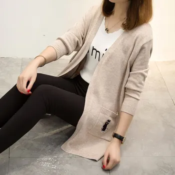 XUXI Kvinder Strikkede Sweater Mode koreanske Slank Tyndt Lag Streetwear V Hals Cardigans Lange Ærmer Casual Solid Farve FZ3499