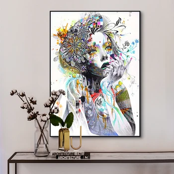 Akvarel Smuk Pige med Blomster Lærred Malerier Farverige Mosaik Plakater og Print Væg Kunst Billeder til stuen