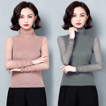 Koreanske Kvinder Bluser Kvinder, Palliet-Belagt Mesh Bluse Toppe Kvinder Langærmet Rullekrave Bluse Top Plus Size Blusas Femininas Elegante