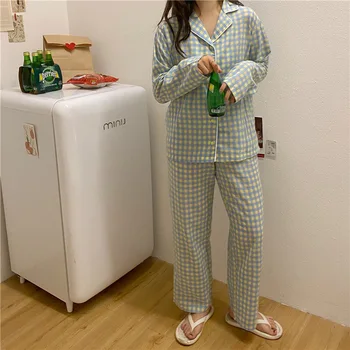CAIYIER koreanske Lilla Gitter Piger Pyjamas Sæt Søde Vinter med Lange Ærmer Fritid Nattøj For Kvinder Løs Nattøj Homewear Passer til