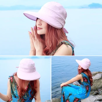 Solid Offentlig Koreansk Stil Sommeren Sløjfeknude Rejse Stranden Damer Vandre-Solhat Sammenklappelig Cap Praktiske Visirer Mode