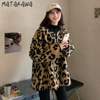 MATAKAWA Kvinde Jakke Vinter 2020 Efteråret koreanske langærmet Løs Leopard Print Imiteret Lam Uld Frakke Kvinder