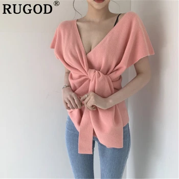 RUGOD Mode strikket kvinder sweater koreanske smarte Dyb V-hals, korte ærmer solid sweater toppe