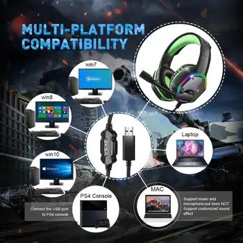 EKSA E1000 Gaming Headset 7.1 Surround Sound Headset Gamer PC Til PS4 med RGB Lys Noise Cancelling Mikrofon Gaming Hovedtelefoner
