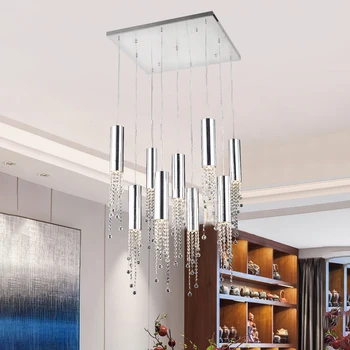 Moderne chrome krystal lysekrone i loftet til spisestue lang loft trappe store gangen lobby køkken ø indendørs belysning