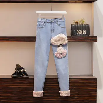 Koreanske Kvinder 2 Stykker Sæt Vinter Mode Broderi Tegnefilm Sweater Og Jeans, Casual Streetwear Denim Bukser, der Passer Plus Størrelse 4XL
