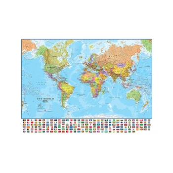 Ikke-vævet Verdens Politiske Kort med Nationale Flag Urammet Kort over Verden, Plakater og Print på Lærred Malerier til Kultur