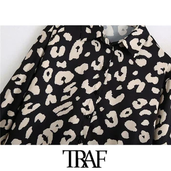 TRAF Kvinder Fashion Animal Print Asymmetrisk Løse Bluser Vintage-Lange Ærmer-Knap-op Kvindelige Skjorter Blusas Smarte Toppe