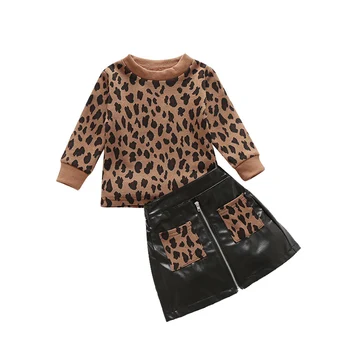 Ma&Baby 1-5Y Efterår og Vinter Barn Kid Piger Tøj Sæt Leopard langærmet Pullover Top Pu Læder Nederdele Børn Outfits