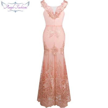 Angel-modetøj til Kvinder V-Hals Lace Broderi Blomst Havfrue Lang Aften Kjole Pink 310