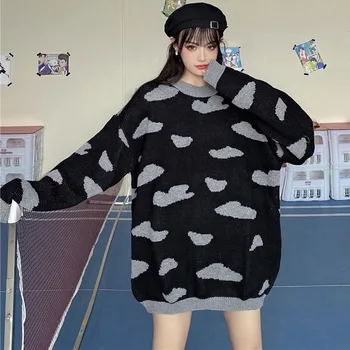 Deeptown Efterår Og Vinter Kawaii Sweater Mode Koreanske Skyer Print Afslappet Kvinder Sweater Kvinder Løs Lange Ærmer Pullover Kvinder