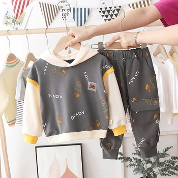 Dreng Sweater Forår og Efterår koreanske Børn Hætteklædte Syning Sweater + Printet Bukser Sæt 2stk Toddler Dreng Tøj Mode