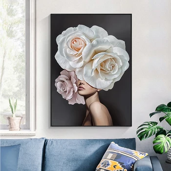 Nordisk Stil Pink Hvid Blomst Dame Plakater Abstrakte Kvinde Print på Lærred Væg Kunst Billeder til Hjem Stue Dekoration