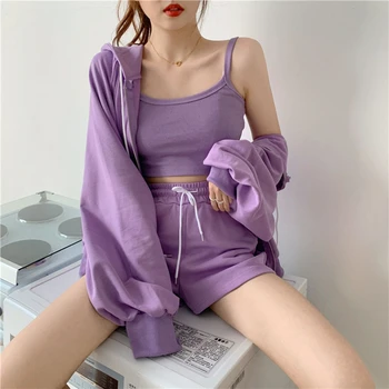 Casual Mode Sved Passer til Kvinder Lynlås Hooded Coat Grundlæggende Camisole Høj Talje Shorts 2020 Sommeren koreanske Outfits 3 Stykker sæt