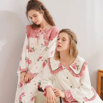 XIFER Forår og Efterår Modeller Legende Sød Fersken Trykt Kvinders Pyjamas Bomuld Dobbelt Lag Bomuld Hjem Passer til