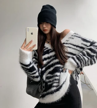 Sexy-V-hals Zebra Stribet Strikket Sweater Kvinder 2020 Efterår og Vinter Løs Kvindelige Lange Ærmer Pullover Jumper Femme Streetwear