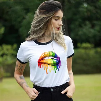 Nye kvinder Sommeren Tops Tees Rainbow Stolthed Sexet farve Læber Malet t-shirt med Korte Ærmer mærke mode rund hals t-shirt