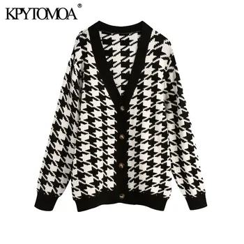 KPYTOMOA Kvinder 2020 Mode Overdimensionerede Houndstooth Strikket Cardigan Sweater Vintage V-Hals Lange Ærmer Kvindelige Overtøj Smarte Toppe
