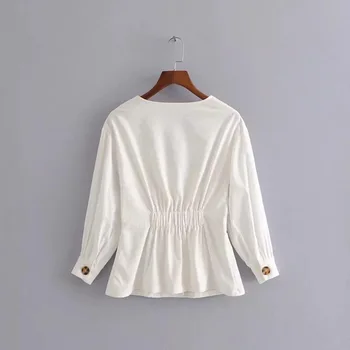 Lanbaiyijia Nyeste Vintage White Dyb V-Hals Single-breasted Shirt Kvinder Ni Kvart Ærme Plisserede Hem Fashion Kvinder Bluse