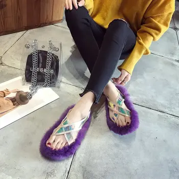 2019 nye sommer mode vilde bære fladskærms Hong Kong style pels hår cool sko kvinder
